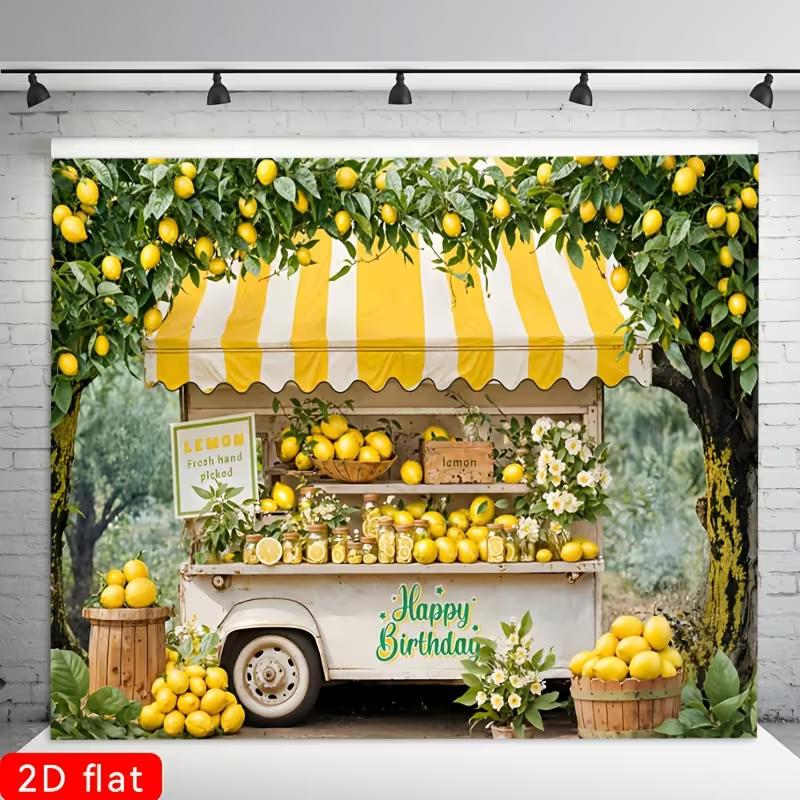 2D Lemon Truck Birthday Backdrop, Yellow Lemonade Cart Party Photo Booth Background Banner