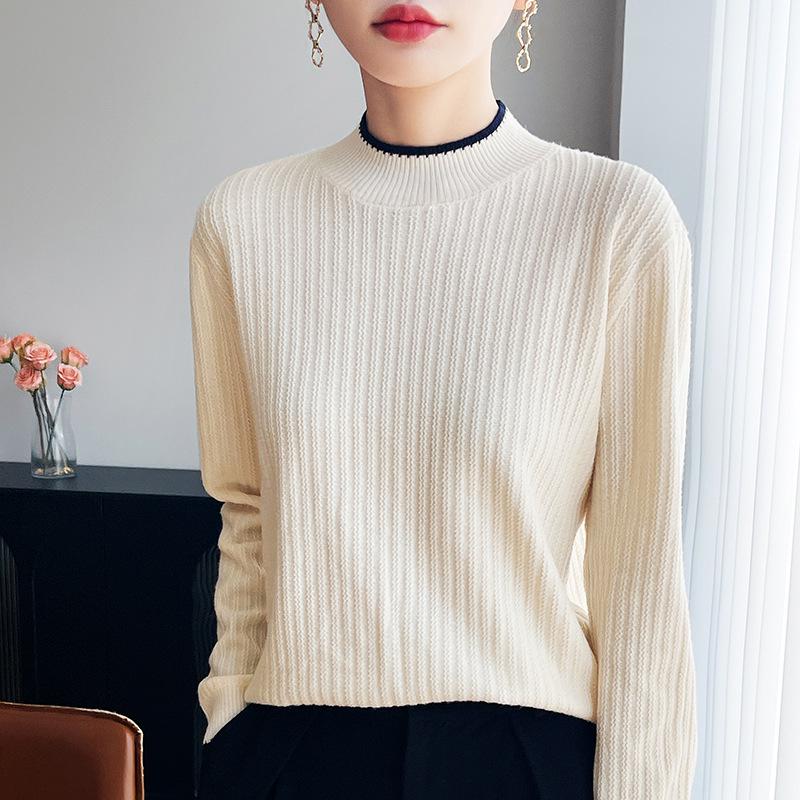 

Colorblock Knitted Semi-High Neck Sweater: Women s Autumn/Winter Fashion Top with Vertical Stripes and Long Sleeves XL слоновая кость