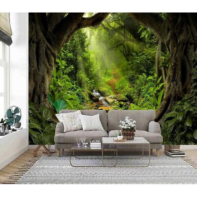 TUGCAY Misty Forest Tree Cave Tapestry Nature Green Tapestry Enchanted Rainforest Tropical Jungle Sunshine Flowing Stream Landscape Wall Tapestries