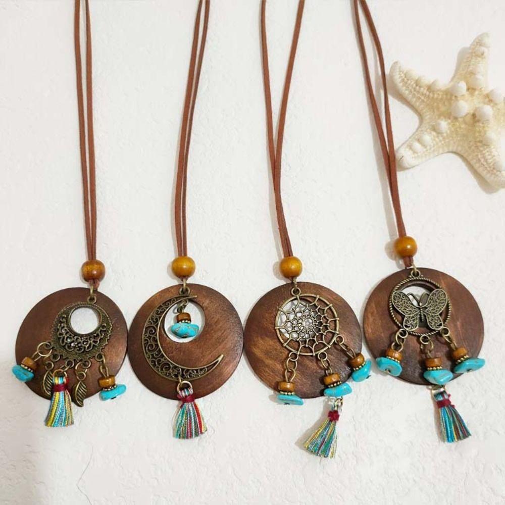 Round Sweater Chain Wooden Necklace Female Jewelry Vintage Leather Lanyard