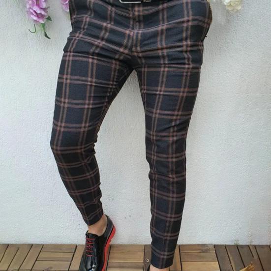 Men Pants Plaid Slim Spring Autumn Mid-rise Checkered Pattern Pencil Pants for Daily Wear