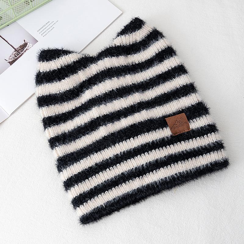 

Новый стиль Милая шапка Шапка-бини с кошачьими ушками Зимние шапки для женщин Y2K Все полоски Модная уличная теплая шапка Бини Теплая шапка для девочки 54cm-58cm чёрный