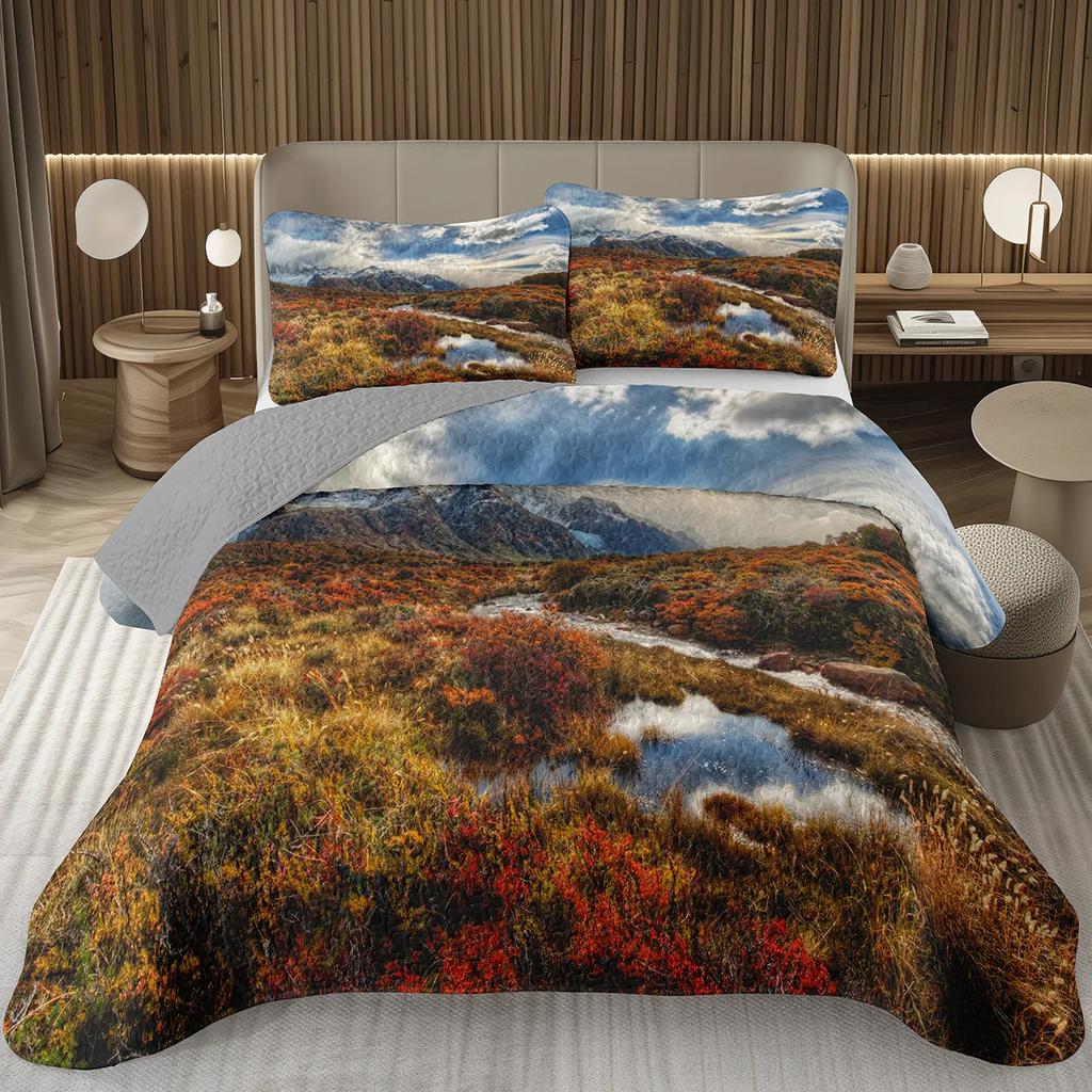 Smoky Mountain Quilt Set Queen for Teens Adults,Trees Coverlet Set,Misty Tree Landscape Bedspread Set,Nature Woodland Bed Cover
