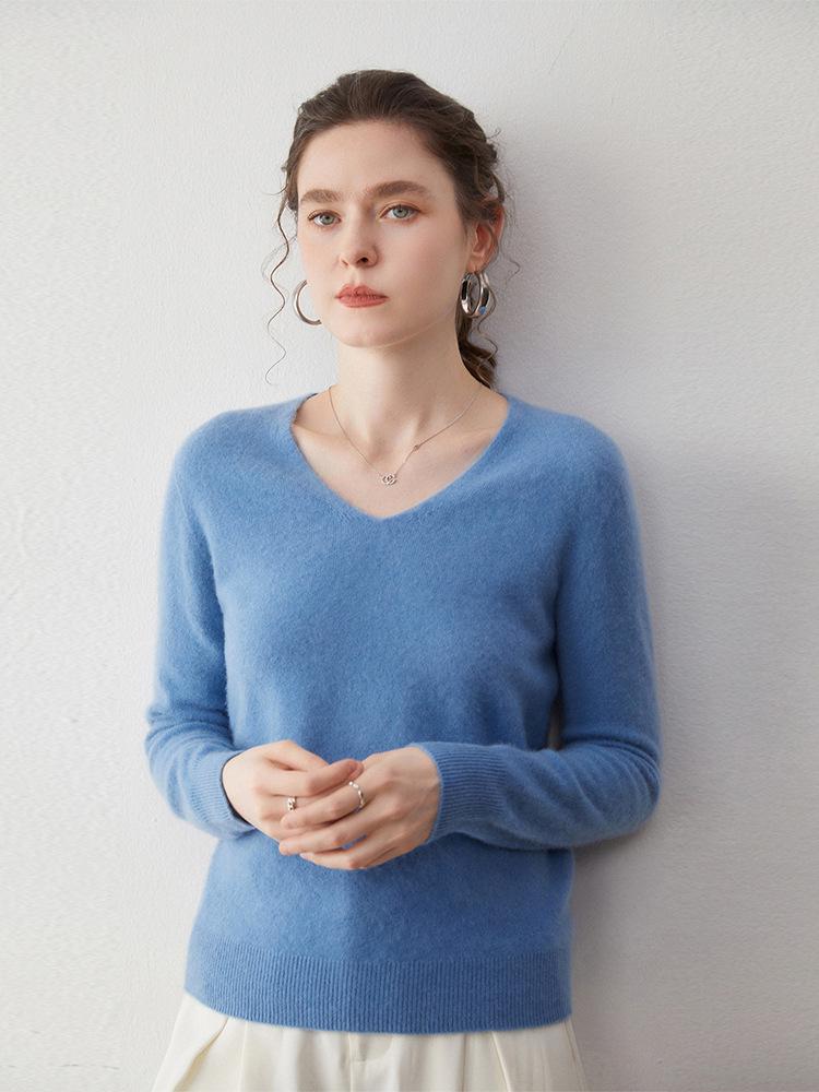 Women's V-Neck Loose Cashmere Sweater, Warm Knitted Pullover, Solid Color, Versatile & Trendy.