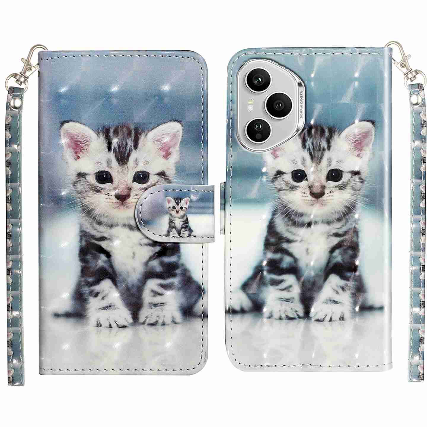 

Для Honor 400 Pro 5G (Глобальный) Чехол-кошелек из кожи с 3D-печатью и ремешком Cat