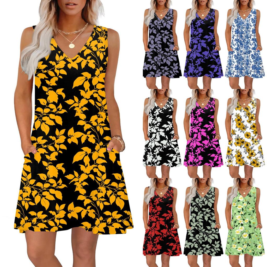 Women's Summer Dresses Loose Fit Printed V Neck Sleeveless Sundresses Beach Hawaiian Dress With Pockets