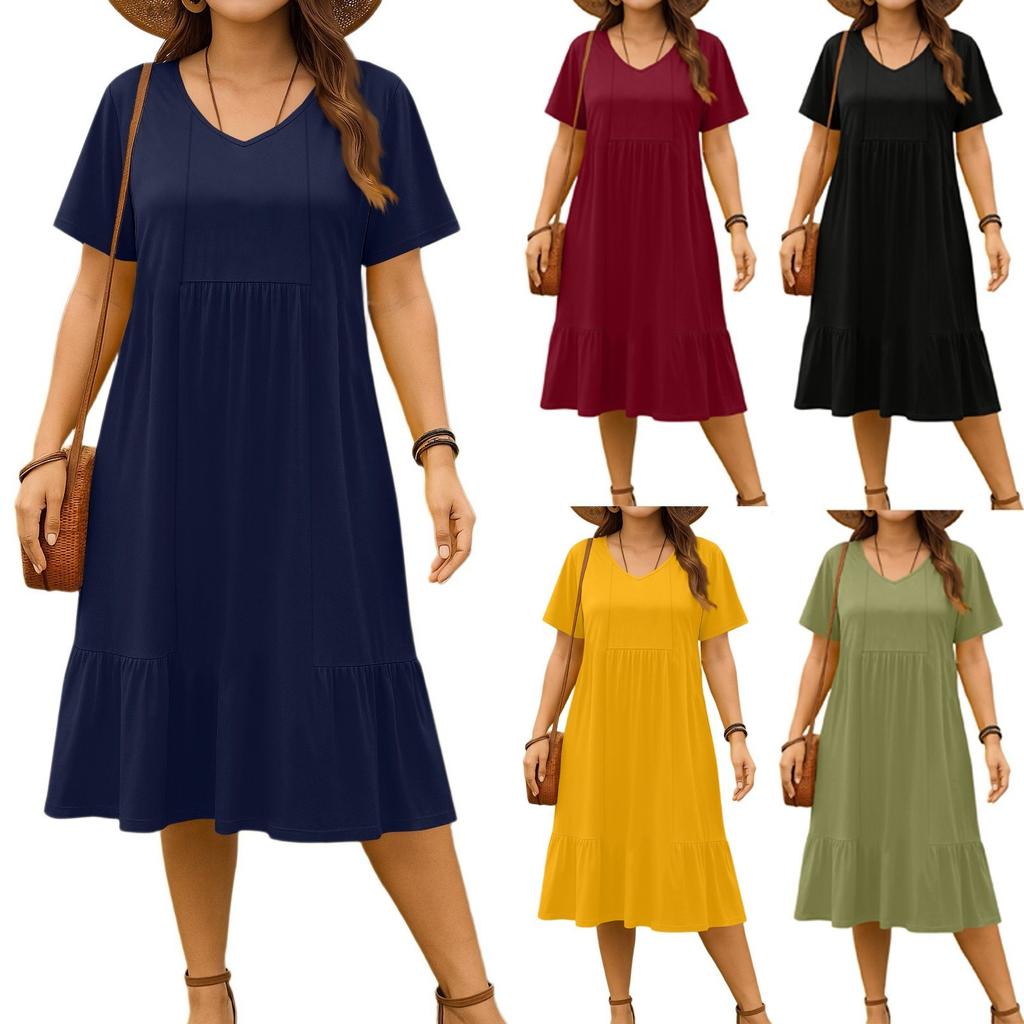 Women's vintage pleated V-neck dress in solid color