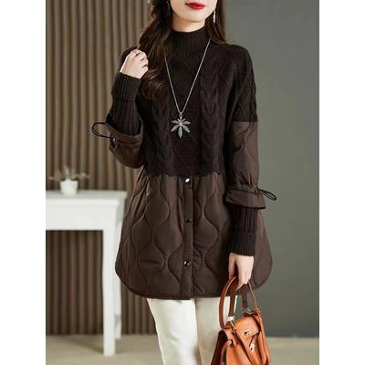 Dimanaf 2023 Winter Pullover Oversize Damen Patchwork Wattierte Jacke Pullover Strick Rollkragen Falsches Zweiteiler Lockerer Pullover