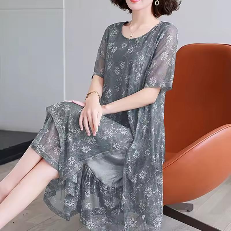 Women's Temperament Summer Dress Plus Plus Size Short Sleeved Mesh Dress for Middle-aged Women, Loose Casual Elegant Dress