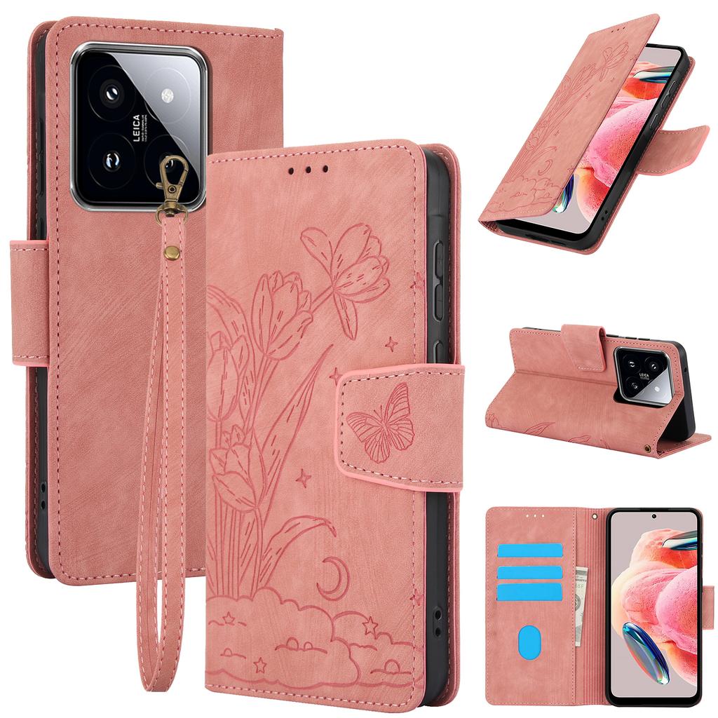 SY-001 For Xiaomi 14T Pro Case Flower Butterfly Leather Wallet Phone Cover with Hand Strap