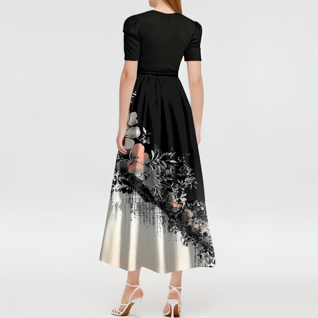 Women's Fashion Casual Belt Short Sleeve Print Round Neck Stitching Elegant Temperament Dress