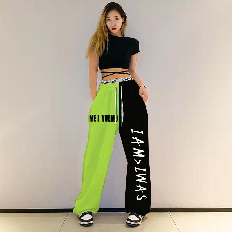 Plus size cores contrastantes hip hop solto sweatpants feminino cintura alta solta casual harem calças