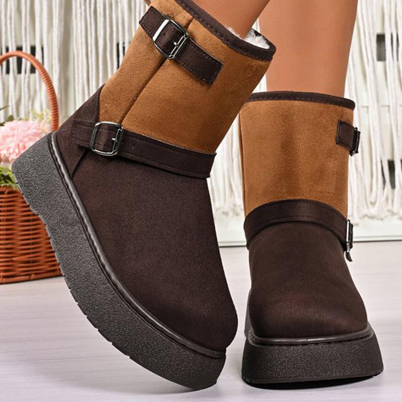 Fashion Vintage Buckle Detor Snow Boots Women Winter Mix Color Faux Suede Snow Boots Woman Short Plush Platform Warm Booties Female