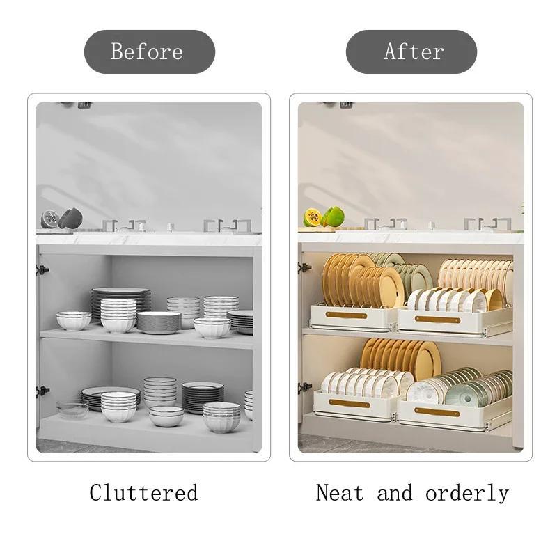 Kitchen Sliding Dish Bowl Storage Rack Cabinets Drawers  Drying Rack Kitchen Organizer Sink Tableware Accessories