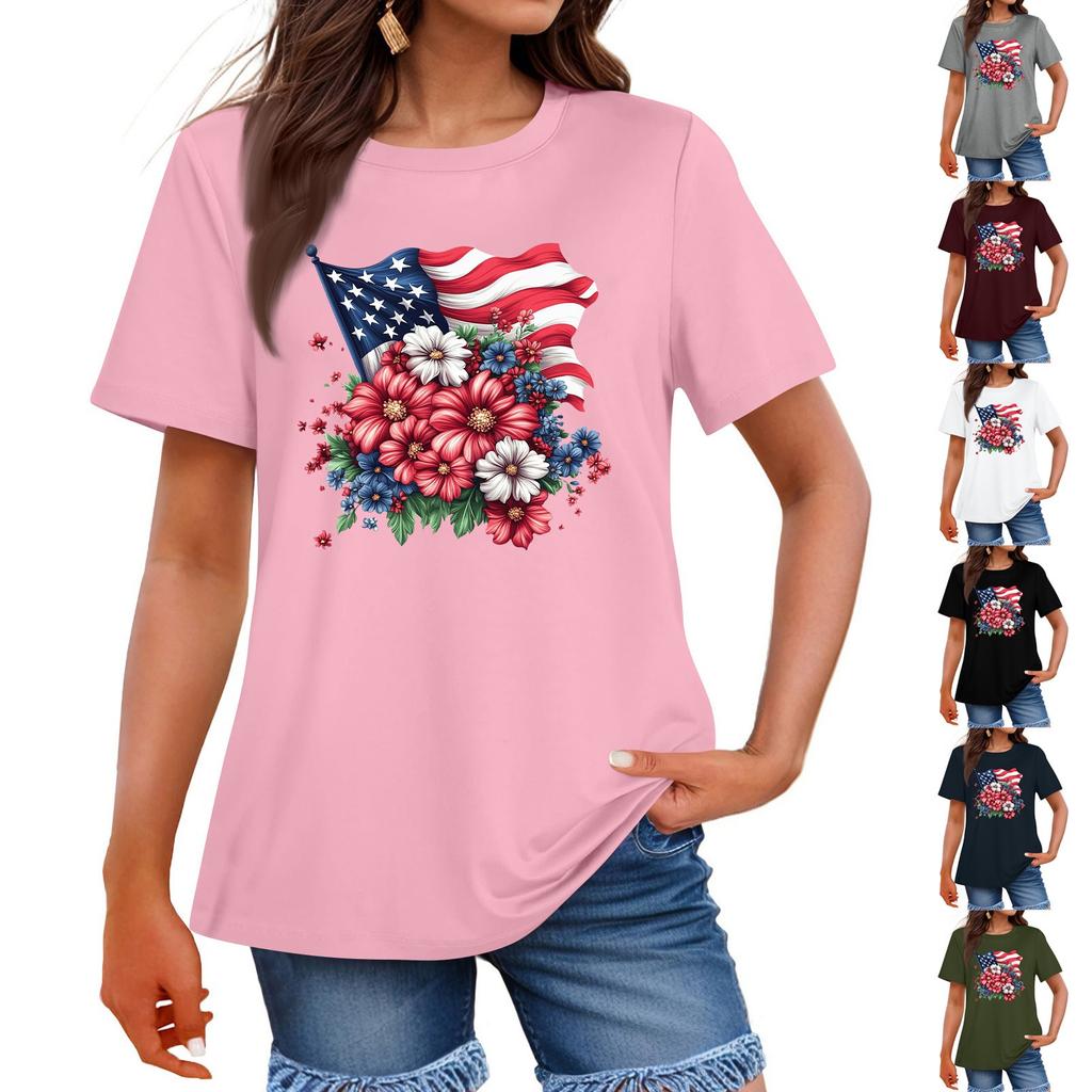 Women's Fashion Independence Day Printed Round Neck Short Sleeved Casual T-shirt Top