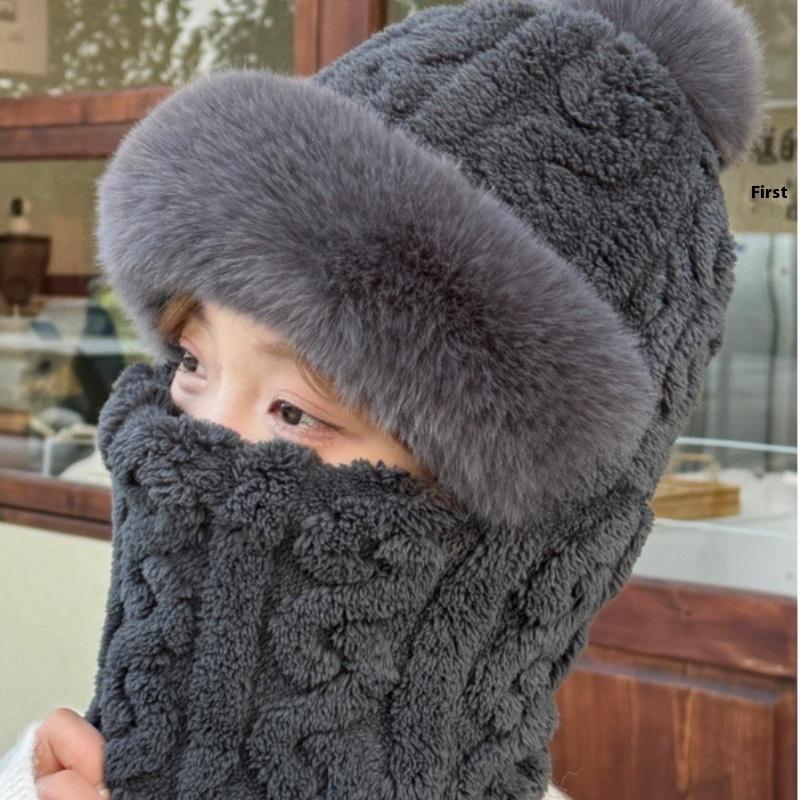 1Pcs Winter Knitted Hat Scarf Mask One-Piece Plush Pompom Beanies For Women Outdoor Cycling Cap Ears Neck Protection Skiing Cap