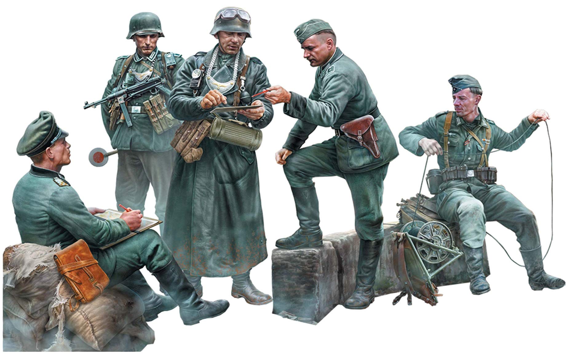 

Master Box Німецька армія Лінія фронту Зв язок Пластикова модель з 2 польовими жандармами 3 генералами та цуценям MB35211 1/35 Фігури,