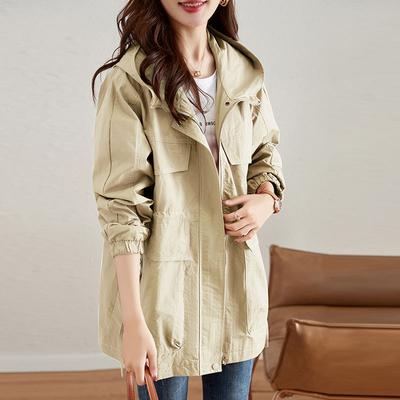 Fashion Spring Autumn Fashionable Plus Size Women's Mid Length Windbreaker Coat Hooded Casual Soft