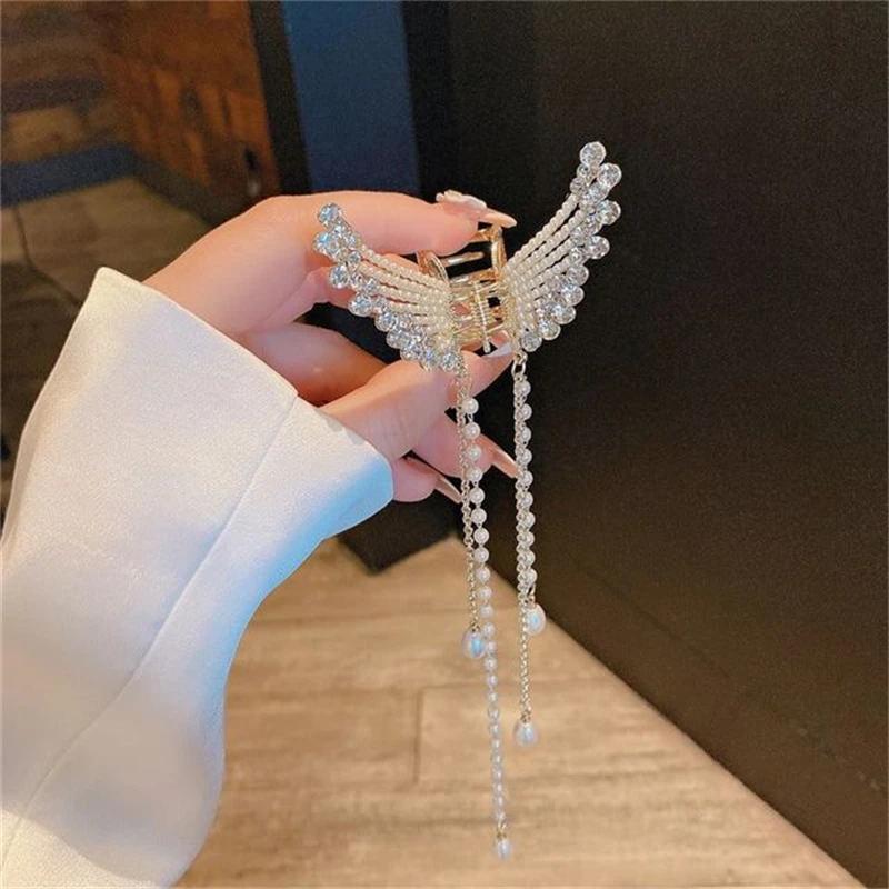 Exquisite Rhinestone Butterfly Fringe Hair Claw Korean New Ponytail Braid Pearl Hair Clip Girl Crab Metal Headdress Gift