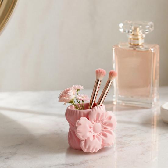 3D Printed Silk Flower Pen Holder, Cute Puff Flower Desk Organizer, Makeup Brush Storage, Vase Decorative Gift for Students Girls