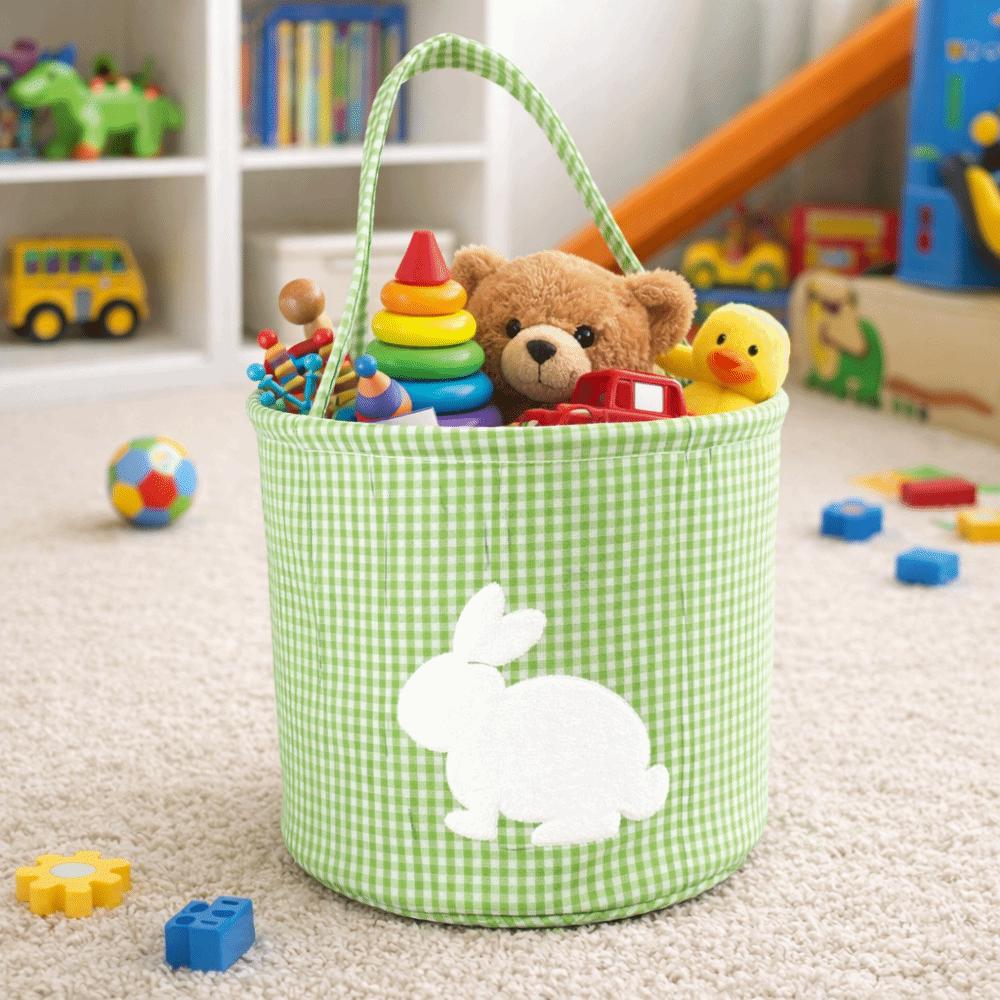 Reusable Embroidery Easter Rabbit Basket Cloth Plaid Easter Egg Hunt Basket Tote Style Decorative Storage Bag School Event