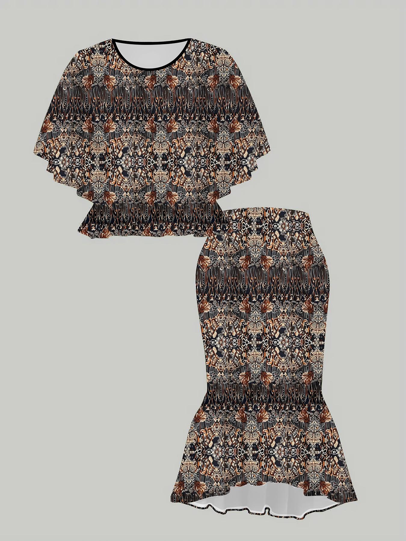 

Классический тотемный женский принт с 3D-цветами, Модный большого размера, Элегантный, Универсальный для всех сезонов. Футболка, Юбка и Комплект 6XL коричневый