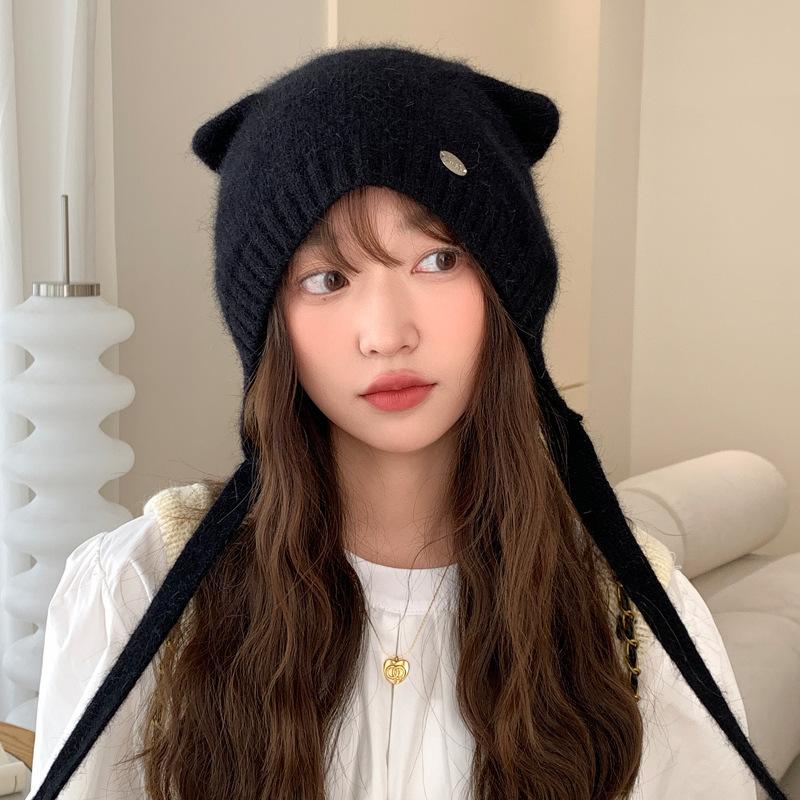 

Шапка женская однотонная кроличья меховая вязаная шерстяная шапка с милыми кошачьими ушками зимняя теплая шапка с ушками