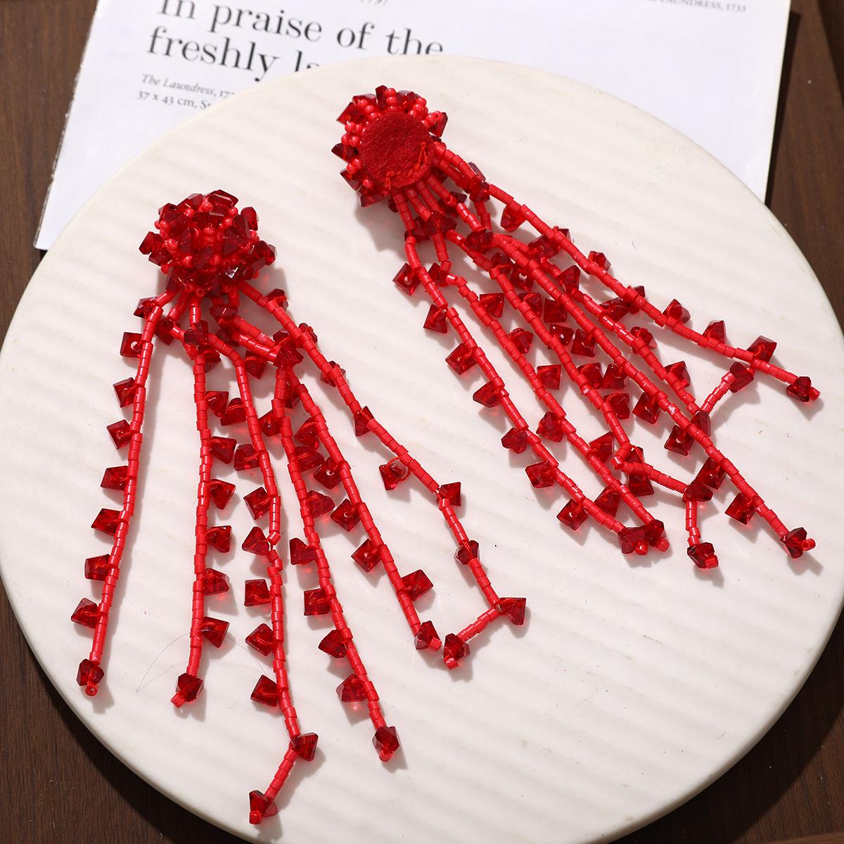 Серьги-кисточки с красным хрустальным цветком для Ханьфу