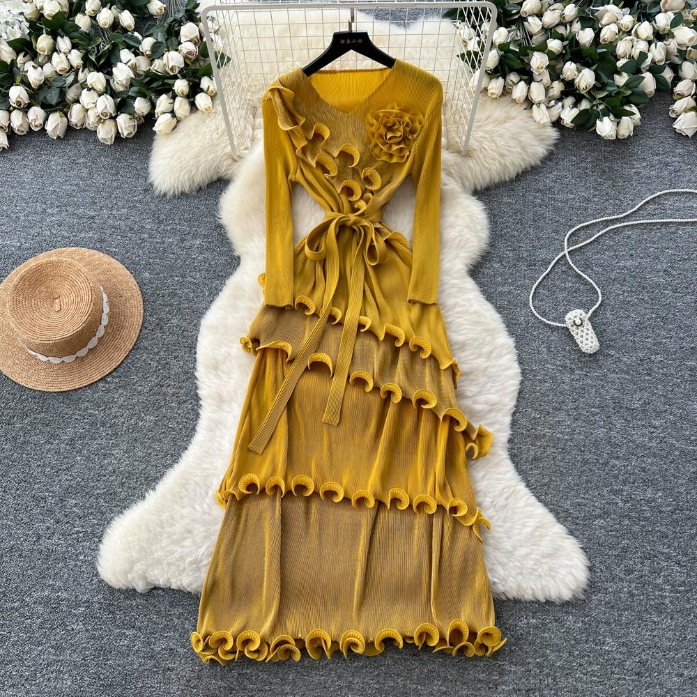 Autumn Winter Women Elegant 3D Flower Ruffles Miyake Fold Christmas Party Oversized Loose Lace-up Dresses