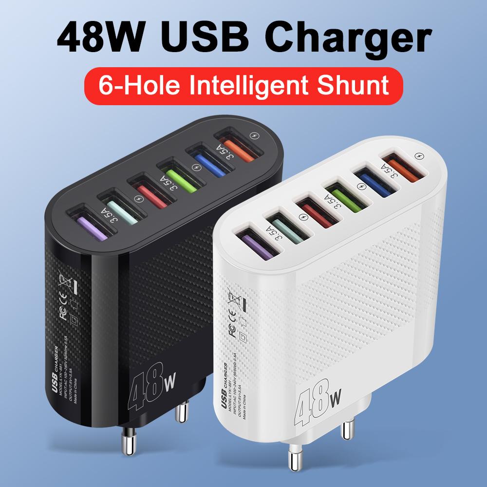 Caricabatterie USB a 6 Porte da 48W con Ricarica Rapida QC3.0 per Telefono Cellulare IPhone 16/15 Samsung Xiaomi Adattatore di Ricarica con Spina UE/USA/UK
