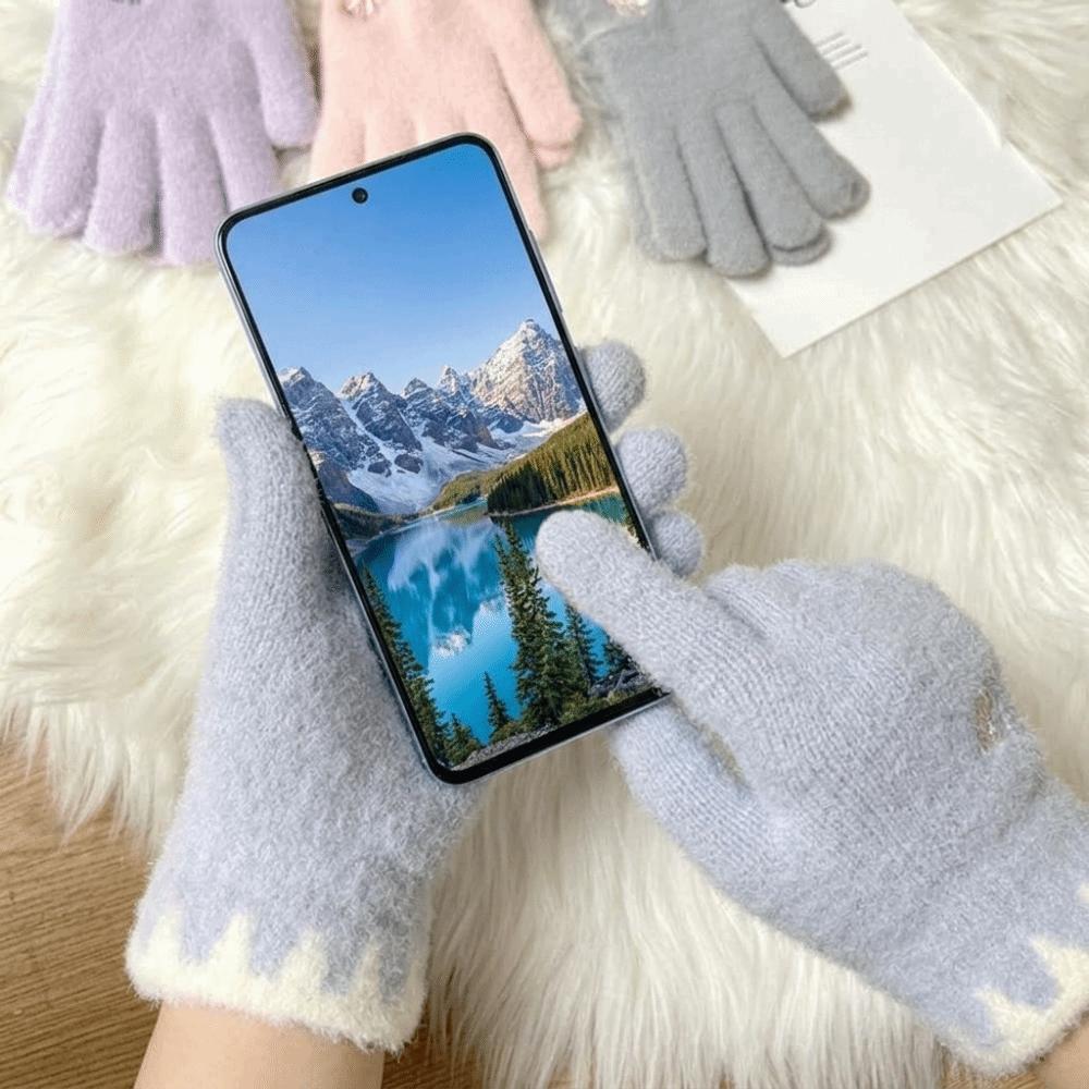 Plush Warm Full Finger Gloves Bow Embroidered Winter Knitted Gloves  Cold Weather Activities