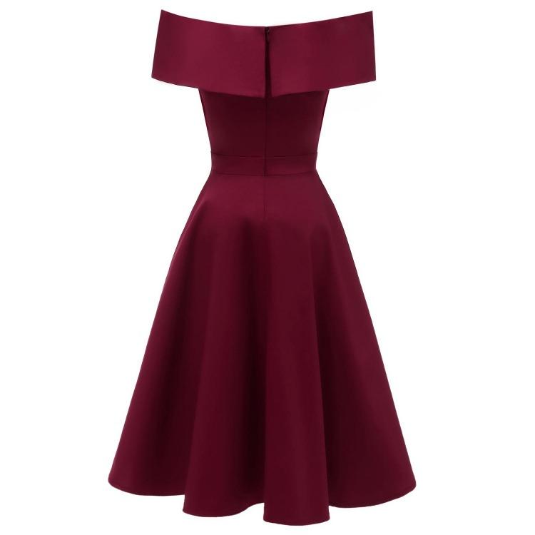 Vintage Off Shoulder Bardot Little Black Dress Women Sateen Skater Midi Prom Evening Party Cocktail Wedding Guest Classic Occasion Outfit