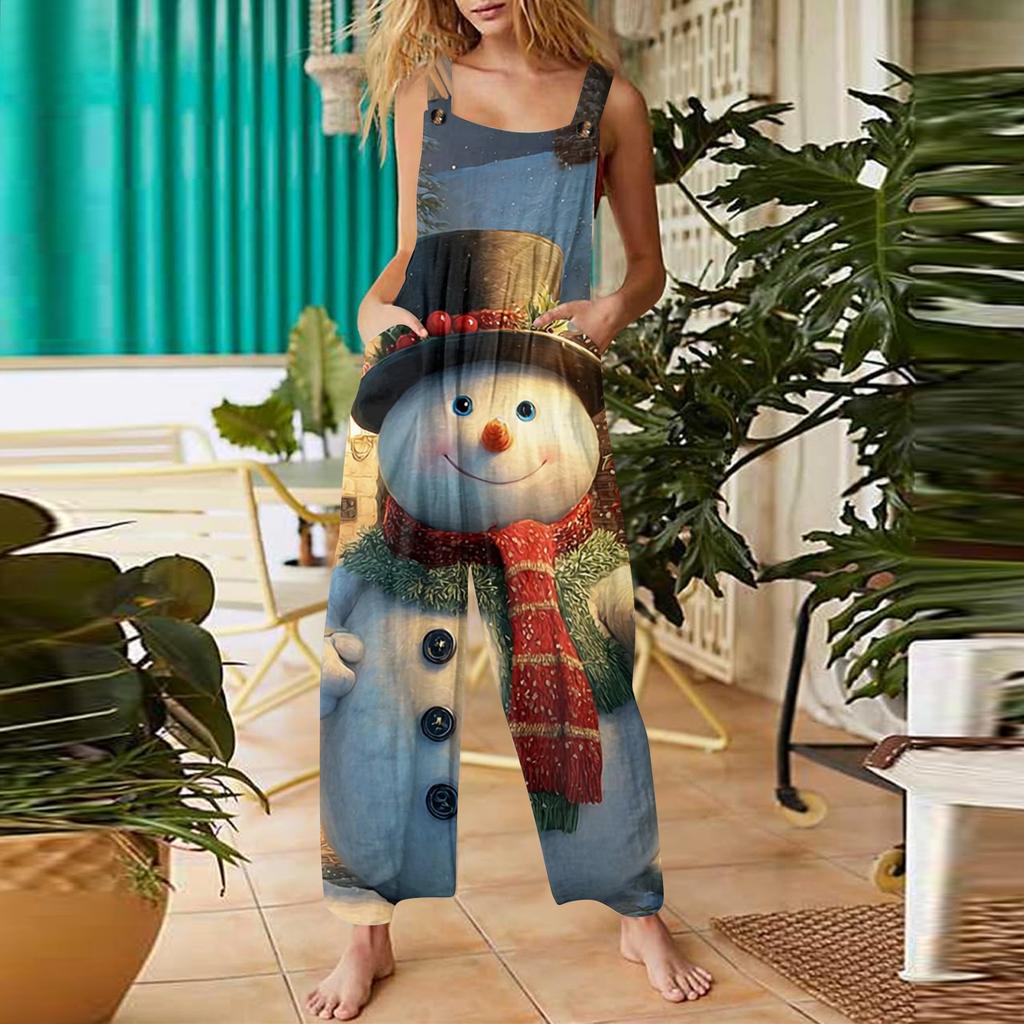 Women's Casual Christmas Printed Jumpsuit Sleeveless Printed Cotton Jumpsuit