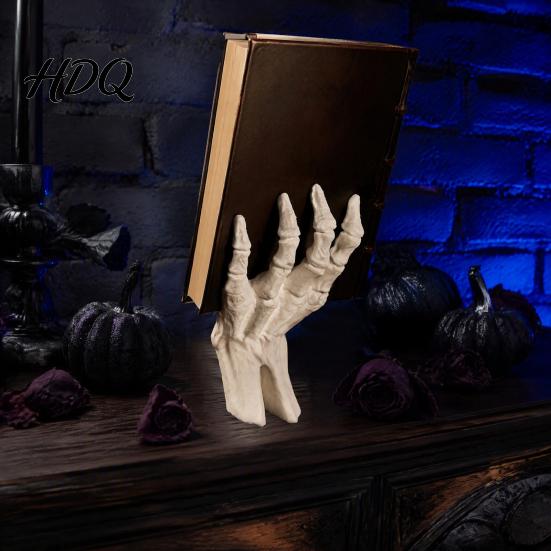Novelty Shelf Organizers Gothic Skeleton Hand Book Stand Desktop Card Display Holder Decorative Halloween Ornaments Ornament for Home Office Decor,