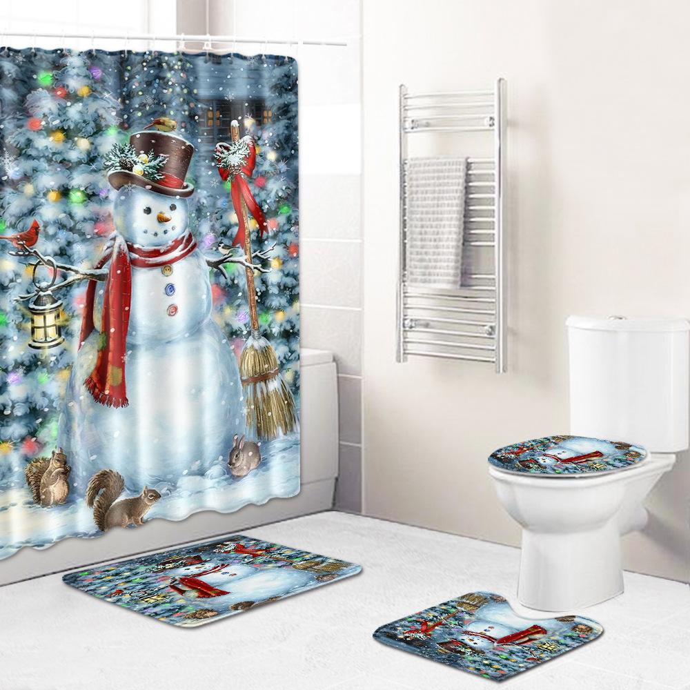 Christmas Shower Curtain Floor Mat Combination Four-Piece Set Bathroom Toilet Carpet Shower Room Mat Foot Mat