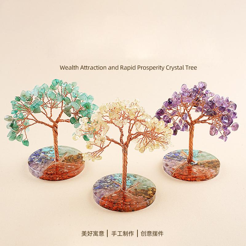 Natural Amethyst Stone Money Tree Ornament Chakra Crystal Chip Life Tree Resin Base Creative Home Desk Decor