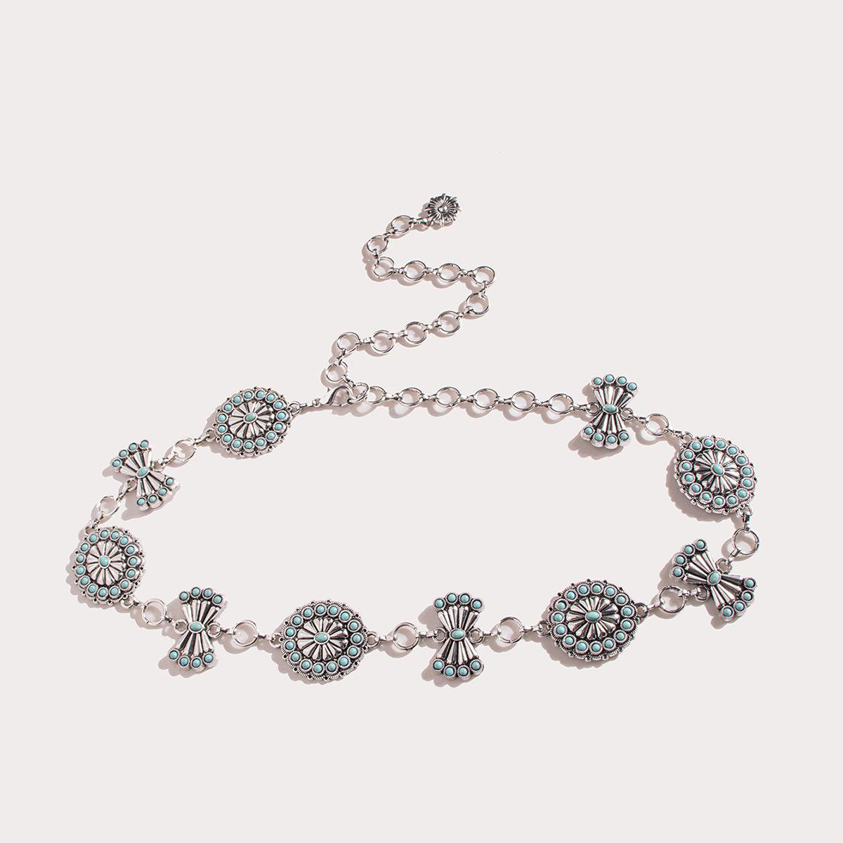 

New Retro Geometric Carved Turquoise Heavy Industry Women s Metal Waist Chain Elegant Palace Style Quality