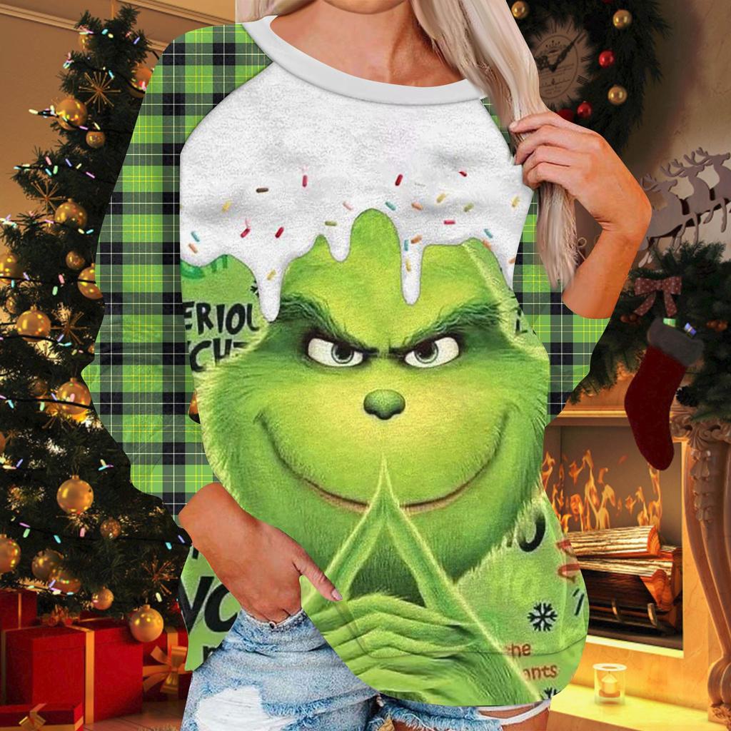 Damenmode, lässig, Rundhalsausschnitt, Langarm, Weihnachtsdruck, Raglanärmel, Sweatshirt-Oberteil