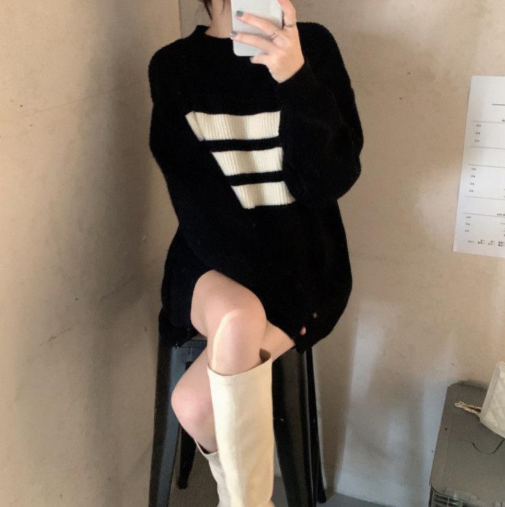 Gothic Sweaters Women Harajuku Punk Knitted Stripes Jumper Vintage Plus Size Loose Long Sleeve Pullover Tops Streetwear