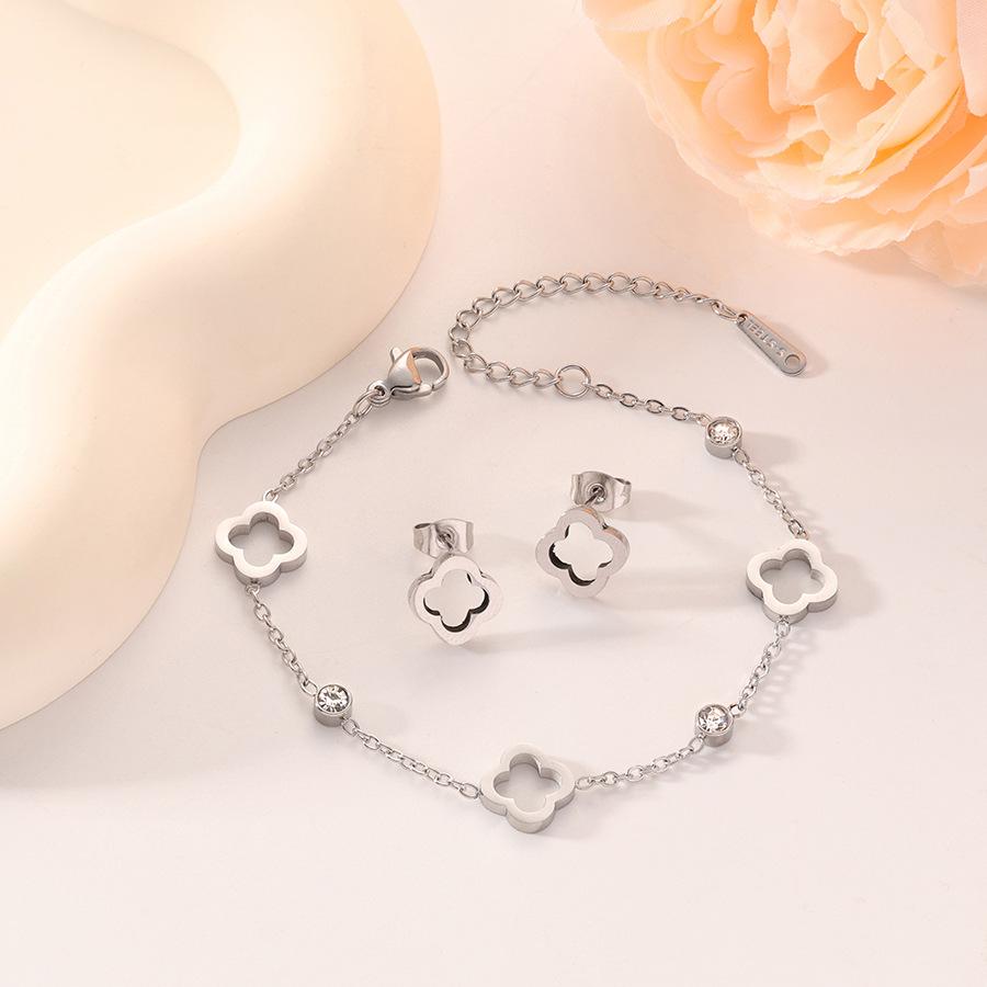 2 in 1 Titanium Steel Fashion Hollow Clover Flower Women's Bracelet Earrings Light Luxury Premium Zircon Set
