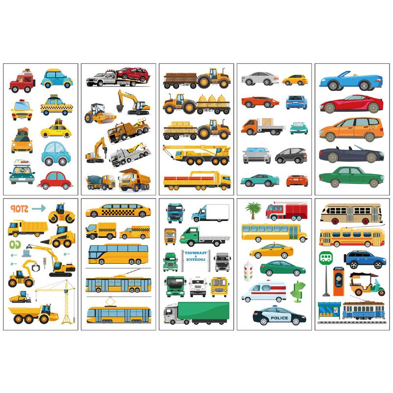 10Sheets/Set Kids Cute Cartoon Tattoo Stickers Transport Engineering Vehicle Cars Fake Temporary Tattoo Boys Gift