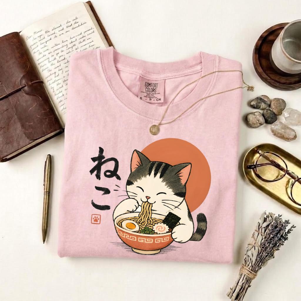 Kawaii Cat Ramen Shirt, Cute Neko Shirt, Japanese Noodle Tee, Comfort Colors Anime Gift