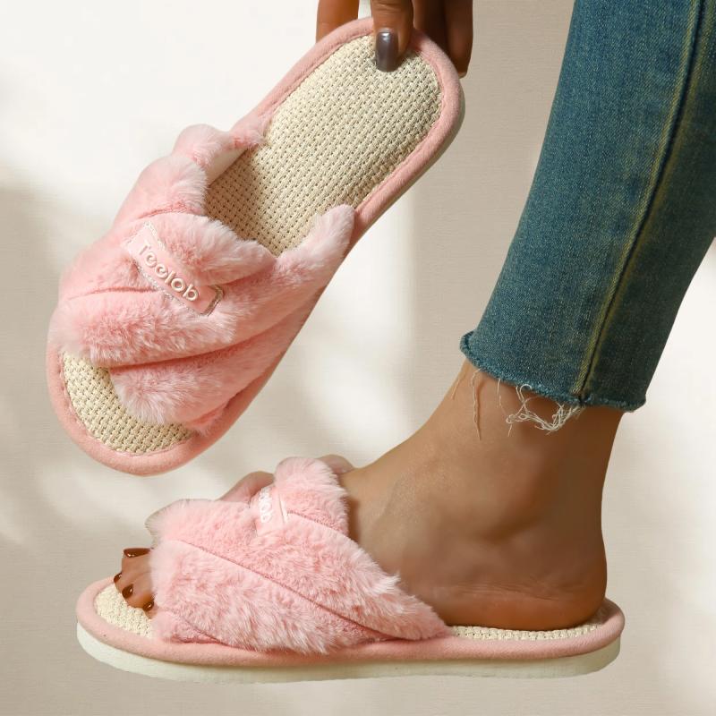 

Women New Soft Plush Warm Slippers Adults Indoor Breathable Linen Comfort Slides Four Season Females Cute Non-Slip Home Shoes 36 розовый