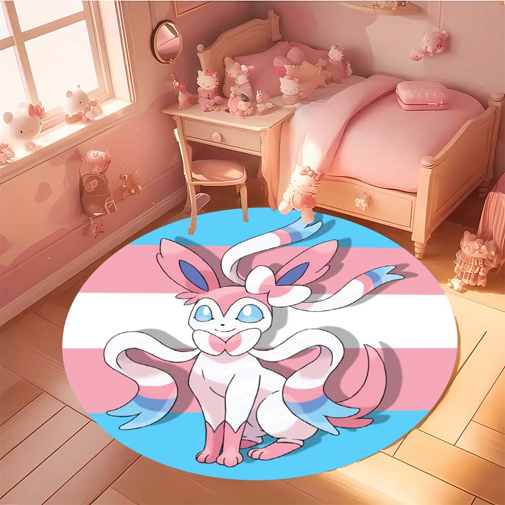 Kawaii Sylveon Theme Round Area Rug Pink Fairy Pattern Circular Rug Kids Girls Bedroom Gamer Room Decor