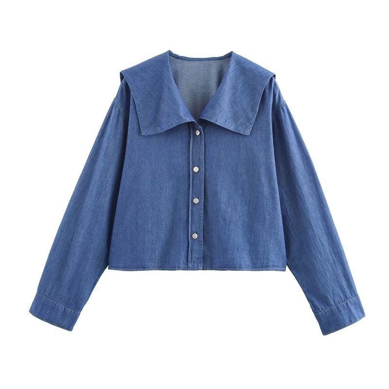 

Kaslead New Arrival Women s Clothing Fashion Style Denim Effect Cotton Flat Lapel Long Sleeve Shirt 6929061 Blue L