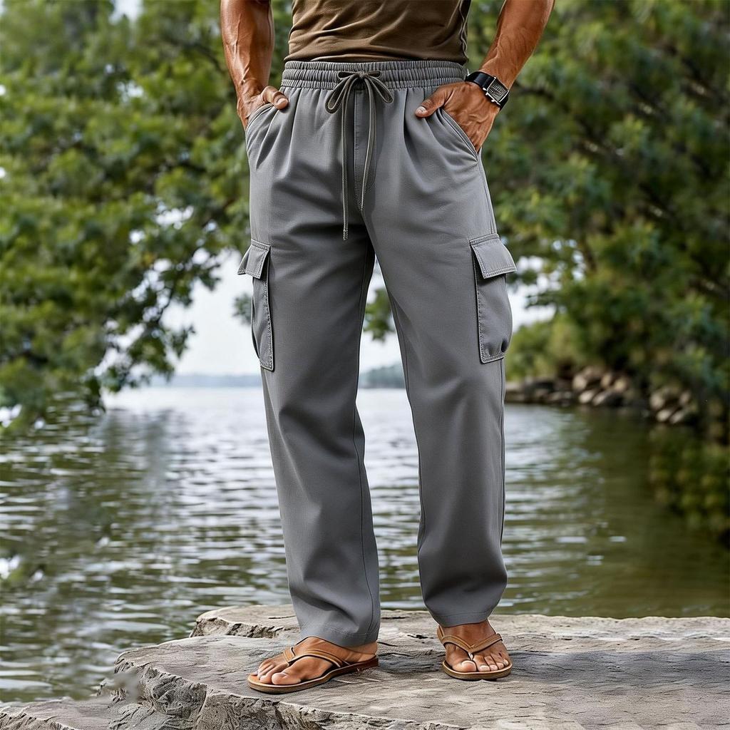 Men's Cotton Linen Drawstring Waist Straight Leg Breathable Long Cargo Pants Casual Loose Fit Trousers with Pockets