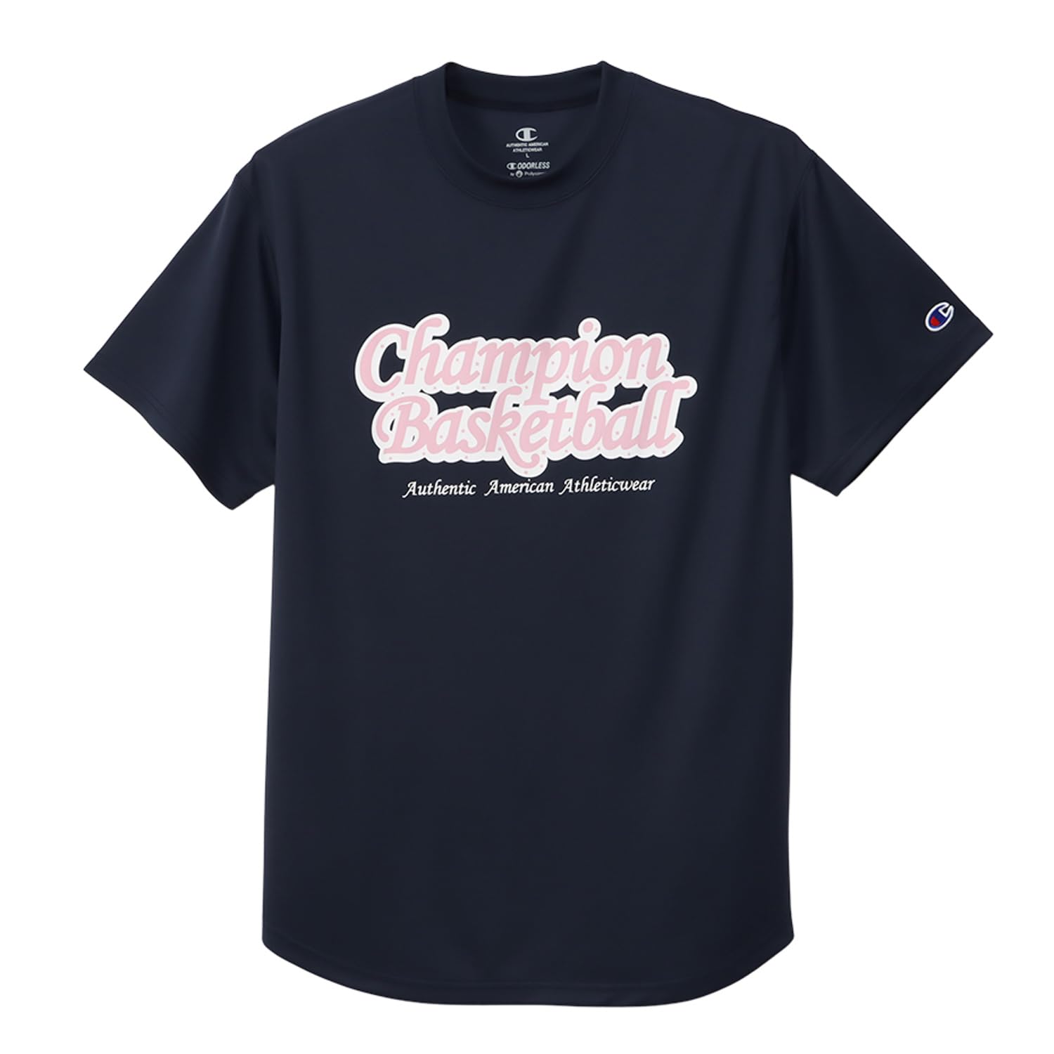 

Champion Short Sleeve Basketball with a Round Antibacterial and Odor and a Graphic Logo Print Women s T-Shirt, Navy, CW-ZB356, Neck, Resistant,