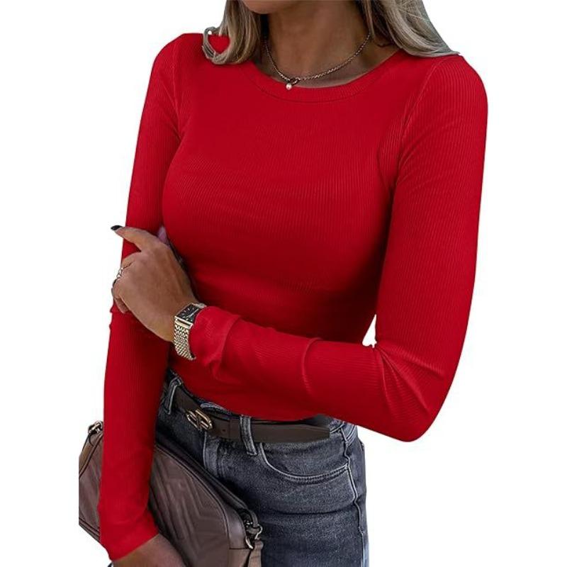 New women's long-sleeve stretch round-neck ribbed shirt, slim-fit casual basic top