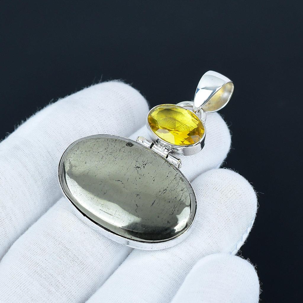Golden Apache Pyrite & Citrine Gemstone Pendant Handmade 925 Sterling Silver Pendant Designer Artisan Jewelry Handmade Pendant Anniversary Gifts