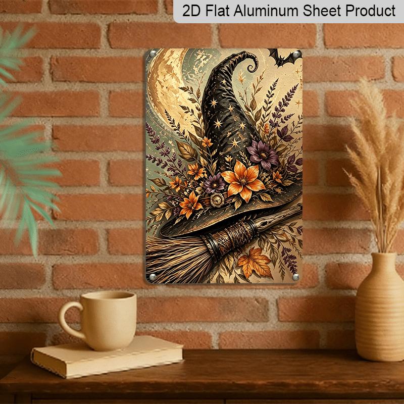 2D Flat, 1pc Halloween Decorative Sign & Plaque, Vintage Floral Witch Hat & Broom Aluminum Sign, Spooky Fun Decor, Halloween Artwork Wall Decor